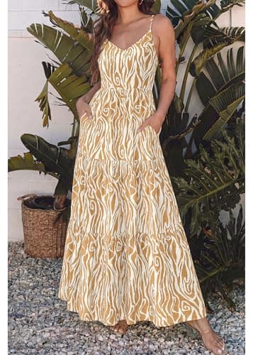 KIRUNDO Maxi Dresses for Women Summer Boho Floral Beach Vacation Sundress Spring Wedding Guest Dress Flowy Cruise Resort Wear(Khaki, Medium) - Thumbnail 2