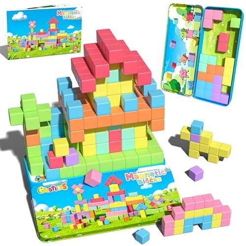 Goodtiles Mini Magnetic Blocks, Travel Outdoor Toys for Kids Ages 3-5 4-8, Magnet Cubes with Iron Box, STEM Montessori Sensory Building Toys, Ideal Gifts for Toddlers Boys Girls Birthday
