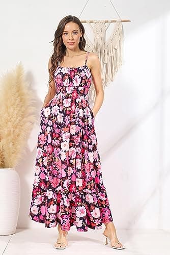GRACE KARIN Summer Dresses for Women 2026 Vacation,Smocked Floral Maxi Dresses,Boho Beach Long Sundress Purple Black Floral M - Thumbnail 4