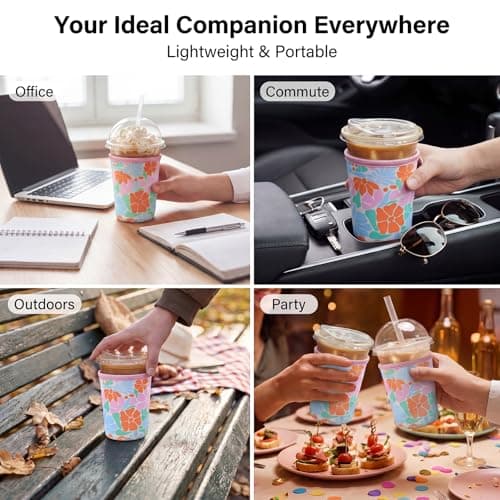 Dntorx Reusable 3-Pack Iced Coffee Cup Sleeve, Insulated Neoprene Drink Sleeve for 16-32 oz Hot Cold Beverages（Matisse Flowers） - Thumbnail 6