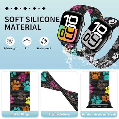 XSMDAJDTXZ 2 Pack Stretchy Solo Loop Compatible with Apple Watch Band 40mm 41mm 44mm 45mm 46mm 49mm 38mm 42mm Women Men, Sport Nylon Elastic Straps Braided Wristbands for iphone Watch Series 11 10 9 8 7 6 5 4 3 Ultra SE (caidog/dog, 38mm/40mm/41mm/42mm(Series 10)) - Thumbnail 3