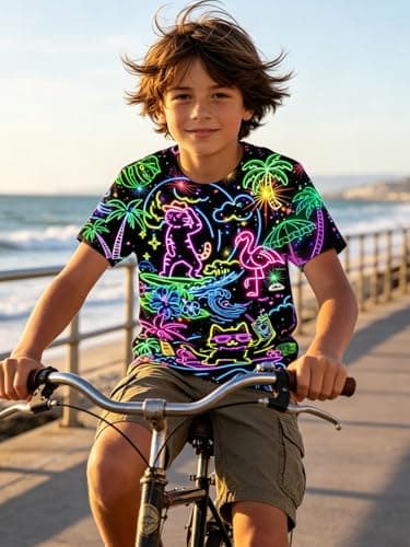 Funnycokid Youth Boys Shirts Size 14 16 Girls T-Shirts Neon Cat Hawaii Digital Print Clothes Tops Tees Graphic Short Sleeve Birthday Cool 15-16 Years - Thumbnail 2