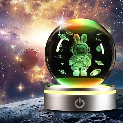 YummyCarrot Space Bunny 3D Crystal Ball Night Light Gifts for Kids, Ideal Birthday Gift, Easter Bunny Decor Desk Astronaut Toys Crystal Ball Lamp - Thumbnail 2