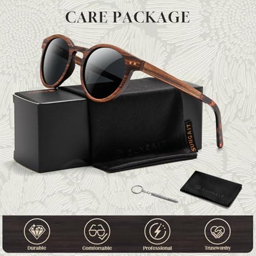 SUNGAIT Round Wood Polarized Sunglasses Women Men Vintage Retro Oak Walnut Rosewood Wooden Shades UV Protection (Rose Wood Frame/Grey Lens) - Thumbnail 6