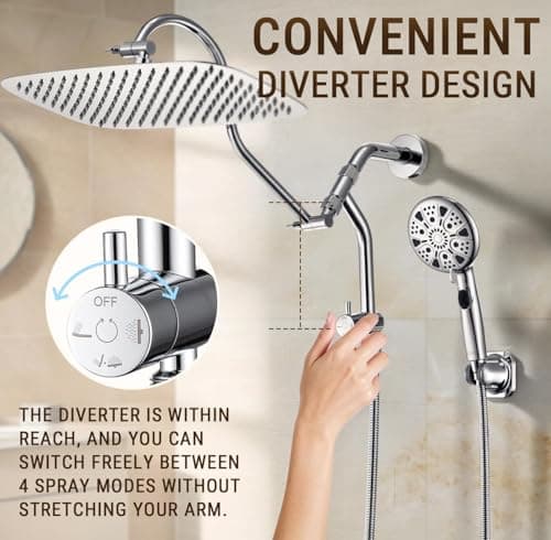 G-Promise 14 Inches Shower Heads with Massage Mode Handheld Sprayer Combo, 3 Way Metal Extended Diverter and Metal Adjustable Extension Arm, Stainless Steel Hose - Thumbnail 4