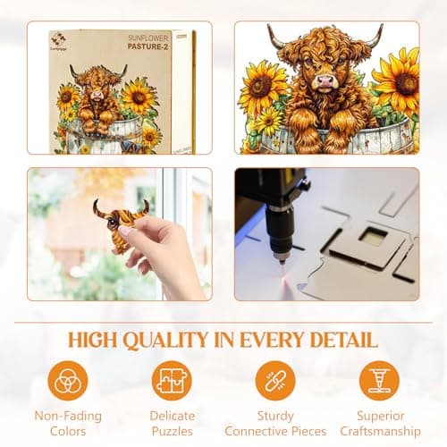 Wooden Puzzles for Adults, Sunflower Pasture Wood Puzzles Adult, Unique Animal Shaped Wooden Jigsaw Puzzle, Creative Birthday Gifts for Friends/Family/Puzzle Lovers, Home Decor(M-11.4 * 10.4in 195pcs) - Thumbnail 5