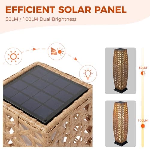 Grand patio Outdoor Floor Lamp Solar Lantern, Water-Resistant Natural Wicker Boho Patio Light with 50/100 Lumens Dual Brightness & Memory Mode for Garden Porch Deck Decor, Large Diamond Natural - Thumbnail 4