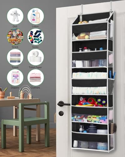 ULG 1 Pack Over The Door Organizer – 5 Shelf Door Organizer Hanging & 10 Side Pockets, Reinforced 44LB Capacity Hanging Organizer, Behind The Door Storage for Bedroom, Nursery, Pantry (Black) - Thumbnail 3