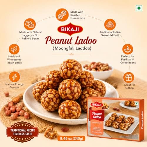 Bikaji Peanut Ladoo (Moongfali Laddoo) | 8.46 oz (240g) | Traditional Indian Sweets Mithai | Jaggery & Roasted Groundnut Energy Snack | Healthy Indian Snack | Festive Sweet - Thumbnail 4