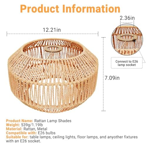 LUCORUSC Hanging Light Rattan Lamp Shades Boho Lamp Shades, Woven LampShades for Floor Lamps Rattan Pendant Lights Boho Lamp Light Table Lamps Plug in Pendant Light - Thumbnail 2