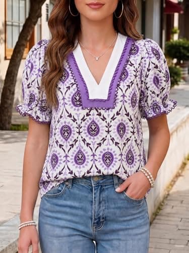 Tankaneo Womens Puff Sleeve Floral Blouse Tops Summer Dressy Casual V Neck Shirts Boho Printed Loose Fit Tees Purple - Thumbnail 3