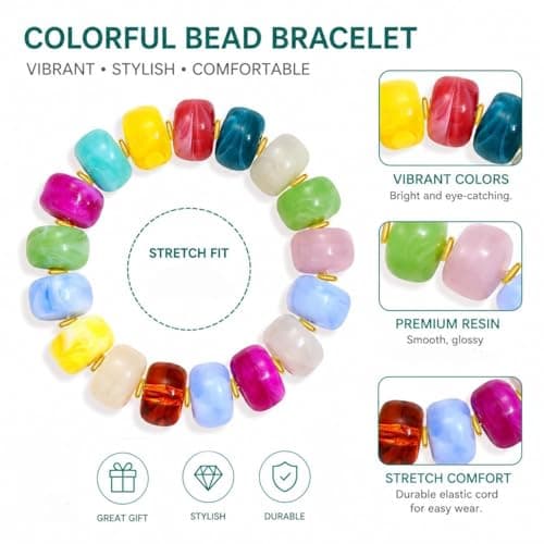 chorfla Colorful Beaded Bracelets for Women, Boho Rainbow Chunky Resin Elastic Stretch Bracelet, Vibrant Summer Beach Jewelry Gift - Thumbnail 4