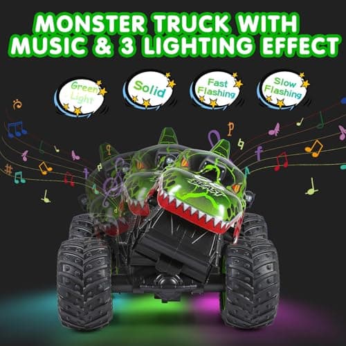 DYODYORC Remote Control Car, 2.4Ghz All Terrain Dinosaur Monster Truck Toys, RC Truck with Music, 3 Lighting Effects, 360 Stunt Capable, 2 Batteries Ready to Run, Toy Gifts for Boys and Girls (Green) - Thumbnail 5