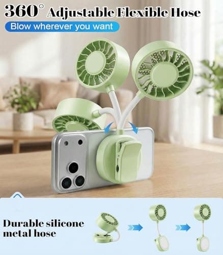 Magnetic Phone Clip Fan, Portable USB Rechargeable Personal Fan with 360° Flexible Gooseneck, 3 Speed Adjustable & Ultra-Wide Airflow, for iPhone, Stroller, Office, Desktop & Outdoor Travel (Green) - Thumbnail 3