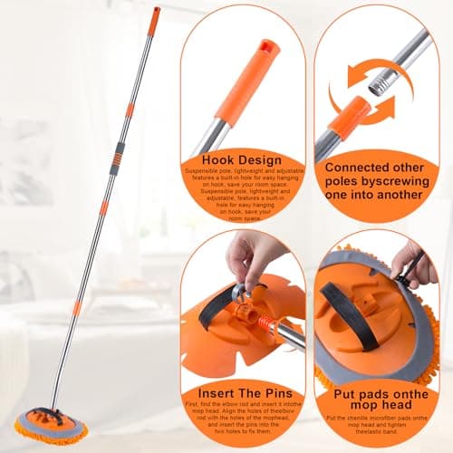 Wall Cleaner Mop with 68” Long Handle,15°Labor-Saving Elbow,Multi-Surface Duster for Painted Walls,Floor,Baseboard & Windows, Includes 2 Replaceable Microfiber Chenille Pads - Thumbnail 4