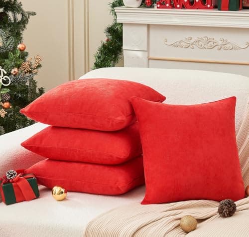 GriNeed Pack of 4 Christmas Red Pillow Covers 20x20 Inch Chenille Throw Pillow Covers Solid Decorative Soft Xmas Cushion Covers Home Boho Textured Decor for Couch Sofa Bed Living Room - Thumbnail 2