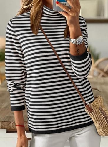 Dokotoo Spring Sweaters for Women 2026 Trendy Turtleneck Black Stripe Pullover Shirts Knit Sweater Casual Long Sleeve Jumpers Tops Shirts Sweaters Medium - Thumbnail 4