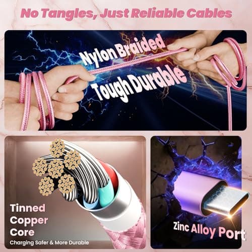 3 in 1 Multi Charging Cable with 2Type-C+ 1IP Ports, Pink USB C Splitter Multi Charging Cables for Multiple Devices, Travel Car Charger Cord for iPhone17-12, Android Tablet Pad and More (2Packs, 4FT) - Thumbnail 4