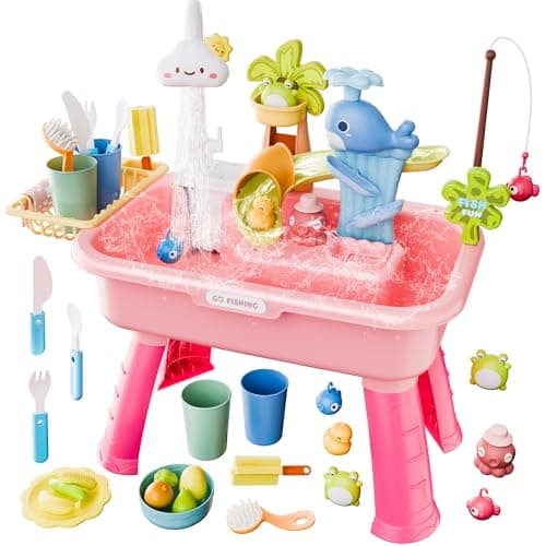 Cosminy 2026 Upgraded Water Table for Toddlers 1-3, Kids Play Sink with Running Water, Toddler Kitchen Sink Toy with Pump, Fishing Game & Sensory Water Play Toys for Boys Girls (Pink) - Image 1
