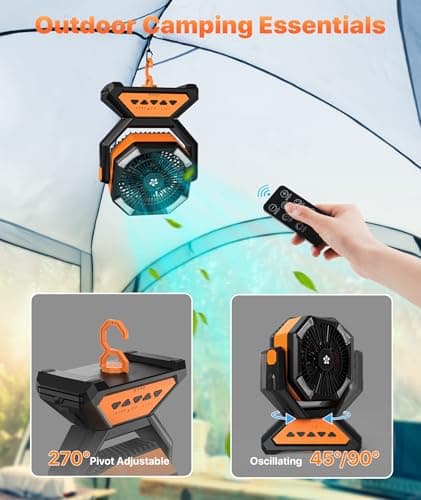 Rechargeable Fan Portable-Camping Fans for Tents, 20000mAh Battery Powered Fan Camping Lights with Remote Hook, 4 Timer/4 Speed,Oscillating 45°/90°, Suitable for Personal Office Desk Travel Beach BBQ - Thumbnail 5