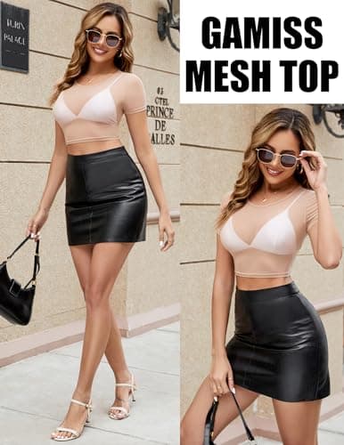GAMMIS Sexy See Through Crew Neck Mesh Short Sleeve Top Woman Mesh Tops Sheer Undershirt Mesh Tee Cream Apricot L - Thumbnail 5