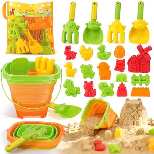Dreamon Beach Toys for Kids — 29PCS Farm Sand Toys with 2 Collapsible Buckets, Rake & Shovel Set, Sand Molds and Mesh Bag, Sandcastle Building Kit Travel Beach Toys for Kids Ages 4-8 - Image 1