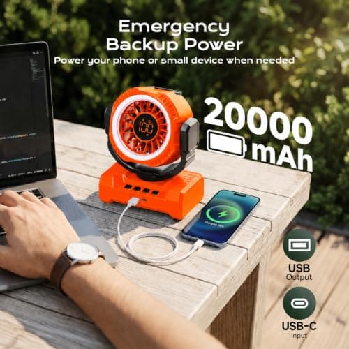 Cordless Camping Fan with Light, 20000mAh Battery Powered Tent Fan with Powerful Airflow, 1-100 Adjustable Speed, 12H Timer, Digital Display Oscillating Desk Fan for RV, Travel, Bedroom, Power Outage - Thumbnail 3