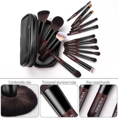 Travel Makeup Brush Set, 15 pcs Mini Makeup Brushes and 2 Puff for Foundation, Powder, Eyeshadow, Highlight, Contour, Blush & Concealer, Small Makeup Brush Set Purse Size with Case (black and brown) - Thumbnail 2
