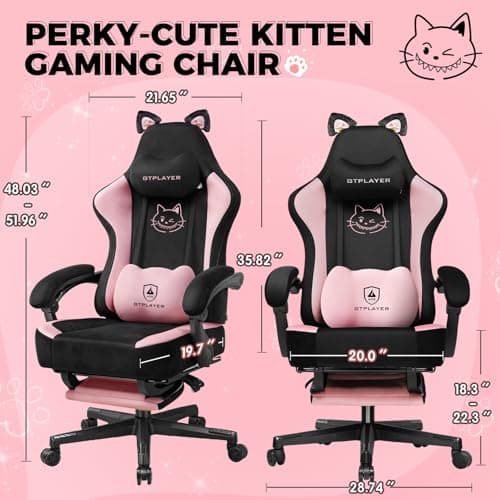 GTPLAYER Pink Gaming Chair Cute with Cat Ears Ergonomic Computer Chair with Cat Embroidery Adjustable Memory Foam Lumbar Support and Headrest Comfortable Reclining Office Chair Soft Velvet Fabric - Thumbnail 2