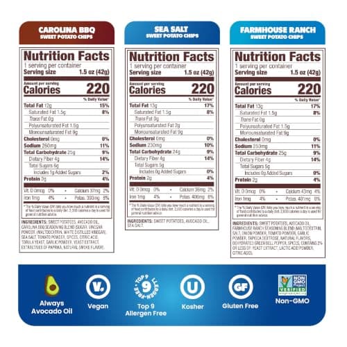 Jackson’s Sweet Potato Kettle Chips Avocado Oil Variety Pack made with Premium Oils (1.5 oz, Pack of 18) Sea Salt, Ranch, and BBQ Flavors - Allergen-friendly, Gluten Free, Vegan - Thumbnail 2