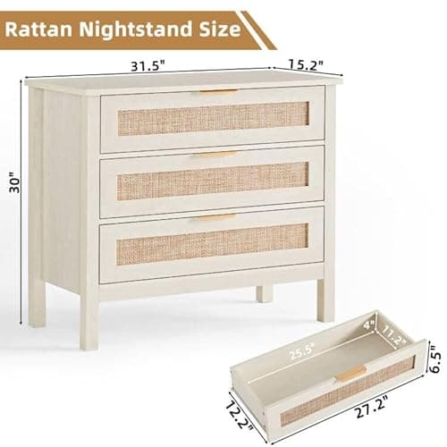 LEYAOYAO 31.5" Wide Rattan Nightstand, Large Boho 3 Drawer Night Stand, Grey White Bedside Table with Storage, Tall Bed Side End Tables, Chest of Drawers Dressers for Bedroom, Living Room, Hallway - Thumbnail 2