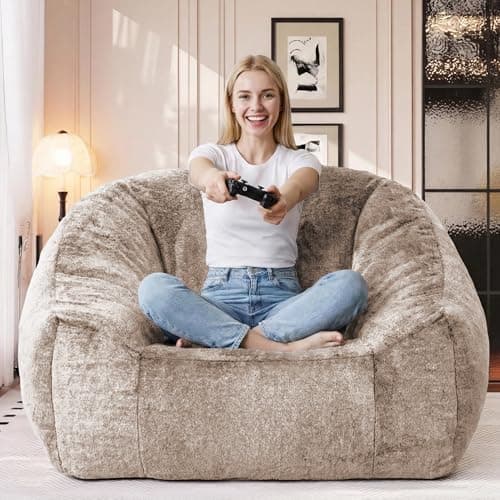 lilanoon Bean Bag Chairs for Adults, Giant Beanbag Sofa Comfy Reading Chair, Oversized Bean Bag Chairs for Living Room Bedroom, Soft Faux Fur Fabric, 3.2FT, Khaki, Plush - Image 1
