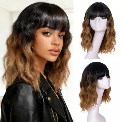 ONICE Ombre Brown Bob Wig With Bangs 14 Inches Curly Wigs For Women Short Wavy Bob Wigs With Dark Root Heat Resistant Synthetic Wigs For Beginners (Black To Brown) - Image 1