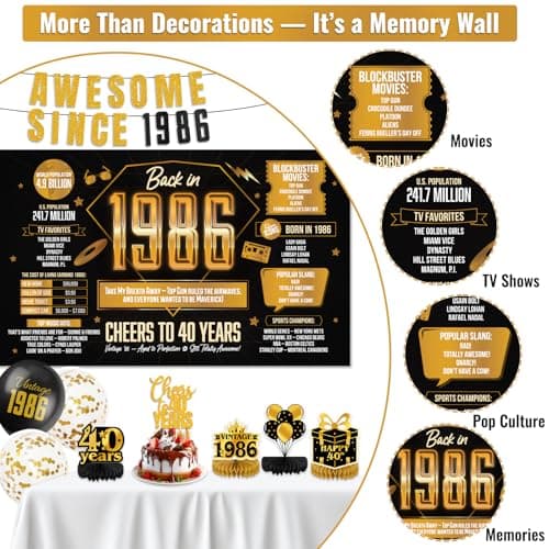 Vintage 40th Birthday Decorations for Men,Awesome Since 1986 Black Gold Backdrop Banner with Balloons, Retro Back in 1986 Party Decorations for Him, Husband, Dad - Thumbnail 3
