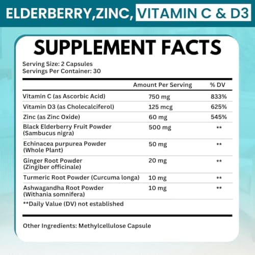 Elderberry Immune Support Supplement 8-in-1 Formula with Echinacea, Vitamin C & Zinc, Vitamin D 5000 IU, Turmeric, Ginger, Ashwagandha – 60 Capsules - Thumbnail 2
