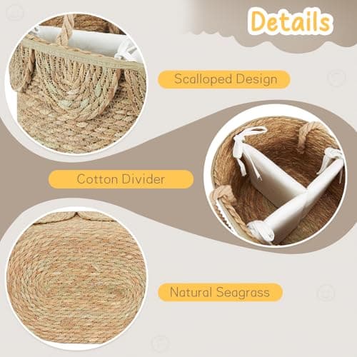FairyHaus Diaper Caddy Organizer, Portable Natural Wicker Diaper Caddy with Rope Handles and Cotton Divider, Handwoven Seagrass Diaper Caddy Basket with Scalloped Edge for Nursery Picnic - Thumbnail 4