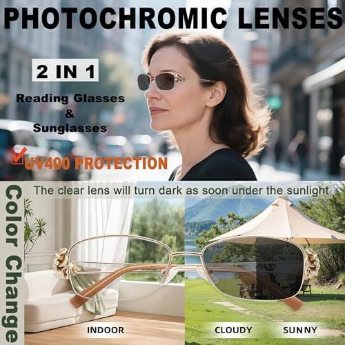 touk Photochromic Progressive Multifocal Reading Glasses for Women, Stylish Half Rim Metal Frame Anti Blue Light Sun Readers 1 Pack Red +1.5 - Thumbnail 3