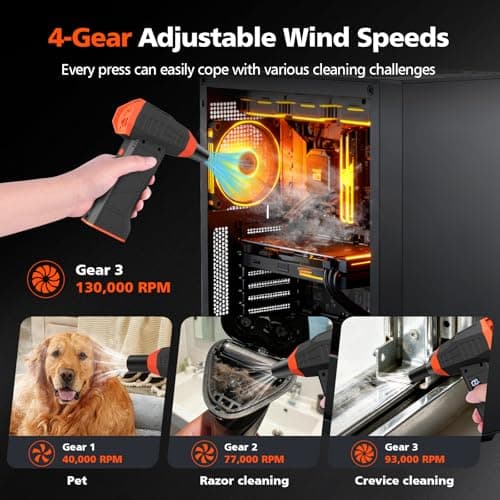 Electric Compressed Air Duster, 110000RPM Cordless Portable Air Blower Mini Powerful Jet Dry Blower 4 Adjustable Speeds Levels Rechargeable for Keyboard, PC, Car - Thumbnail 2