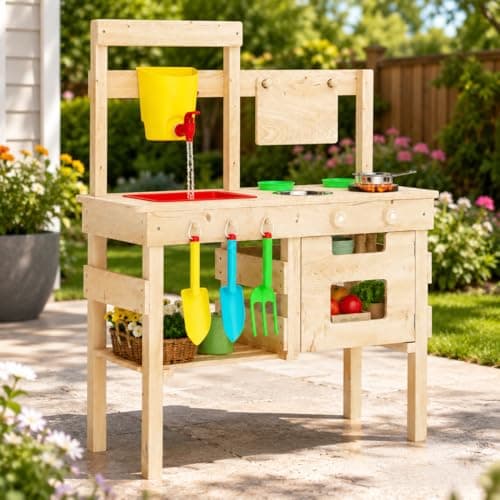 Wooden Outdoor Mud Kitchen for Kids, Waterproof Solid Wood Play Kitchen with Removable Faucet, Sink, Cutting Board, Toy Pots, Soil Cups, Magnetic Door and Storage Shelf - Image 1