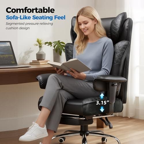 GTPLAYER Big and Tall Office Chair Wide Ergonomic Gaming Chair with Deluxe Embossing Designed Leather with Foot Rest,150°Reclining Adjustable Soft Armrests Pocket Spring Back Support and Pillow - Thumbnail 4