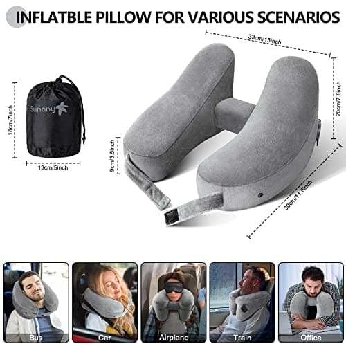 Sunany Neck Pillow for Travel Inflatable Airplane Pillow Comfortably Supports Head, Neck and Chin, Inflatable Travel Pillow with Soft Velour Cover and Portable Drawstring Bag (Grey) - Thumbnail 4