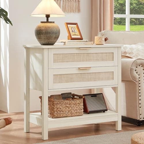 LEYAOYAO 31.5" Wide Rattan Night Stand, Oversized Large Boho Nightstand with 2 Drawer, Grey White Bed Side End Tables with Storage Shelf, Tall Bedside Table for Bedroom Living Room, Hallway - Image 1