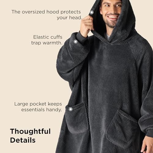 Bedsure Blanket Hoodie, Wearable Blanket Hoodie as Mothers Day Birthday Gifts for Women Men Mom Dad, Warm Cozy Soft Sweatshirt Hooded Blankets With Sleeves for Adult Women Men, Charcoal - Thumbnail 6