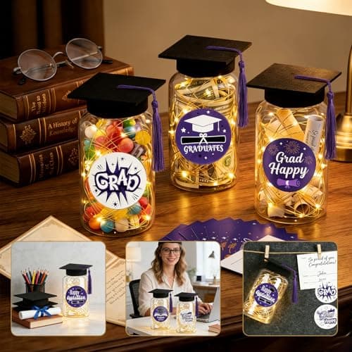 9 Pcs Graduation Centerpieces for Tables with LED Lights, Class of 2026 Graduation Tables Decorations, Mason Jar Style Table Decor with String Lights, Caps, Notes Cards, Stickers & Adhesive Spots - Thumbnail 6
