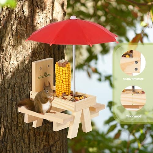 MIXXIDEA Squirrel Feeder Table with Umbrella, Wooden Squirrel Picnic Table Feeder, Sturdy Squirrels Feeder Corn Cob Holder, with Solid Structure and 2 x Thick Benches(1pk) - Thumbnail 5