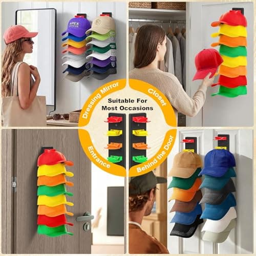 Coopache Hat Organizer for Baseball Caps 2 Pack, Hat Rack for Hanger Wall or Door Ball Cap Storage Holder for 16 Hats Hanging (Black & Color) - Thumbnail 2