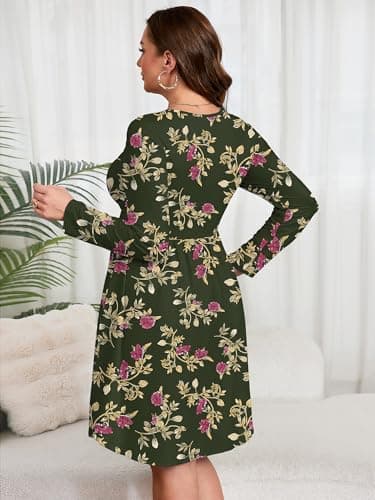AusLook Women's Plus Size Long Sleeve Midi Dress Crewneck Casual Empire Waist Loose Flowy Dresses A-Line Boho Party 2025 Fall Winter Long Yellow Leaves Rose 1X Dress with Pockets - Thumbnail 6