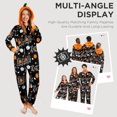 OLAOLA Halloween Family Matching Pajamas Pumpkin Trick or Treat Sleepwear Flannel Holiday Onesie Hooded Novelty Pjs - Thumbnail 4