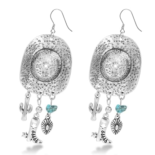 DAYANEY Western Cowboy Boots Earrings for Women, Big Cowgirl Hat Vintage Jewelry as Western Accessories for Women, Sparkly Silver Rhinestone Turquoise Cactus Earrings as Summer Country Concert Outfit - Image 1