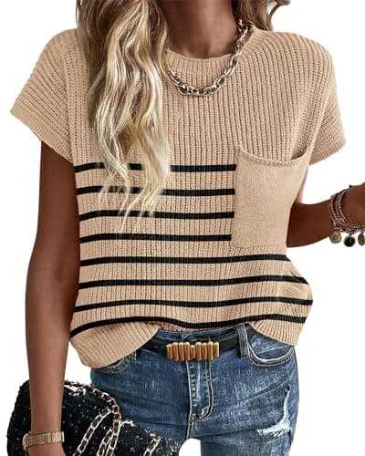 KIRUNDO Summer Fall Short Sleeve Sweater for Women 2026 Casual Sweater Vest Cotton Knit Pullover Tank Tops Fashion Clothing(Striped Beige, Medium) - Image 1
